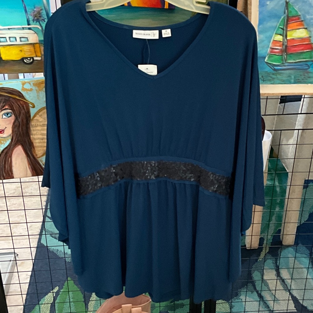 Susan Graver Deep Blue Blouse with Black Lace Detail